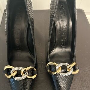 Karl Lagerfeld Black Heels with Gold Chain Detail